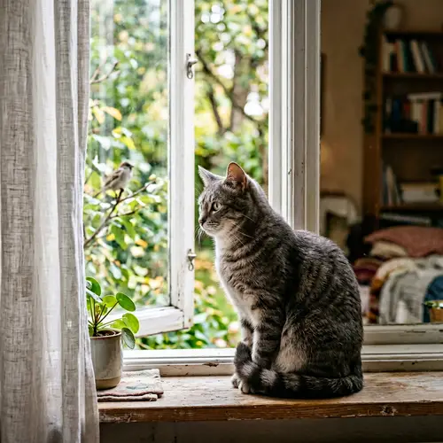 Tranquil Short-Haired Cat Sitting on Windowsill