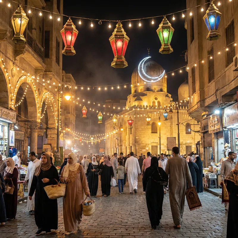 Ramadan Cityscape Adorned with Lanterns and Crescent Moon