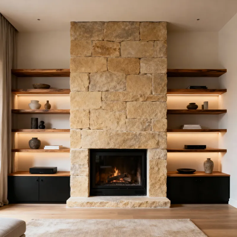 Stylish Media Wall with Sandstone Fireplace