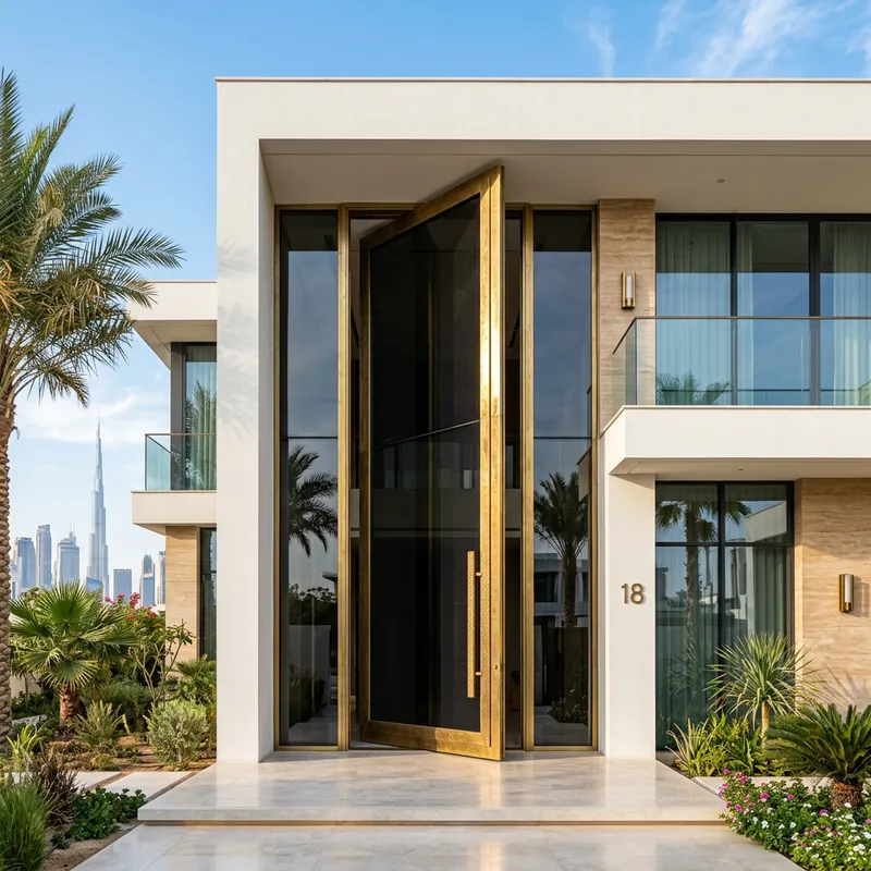 Detailed Frontal View of Massive Two-Story Brass and Smoked Glass Pivot Door in Dubai Villa