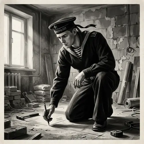 Vintage Sailor's Uniform in Renovated Apartment | Black-and-White Painting