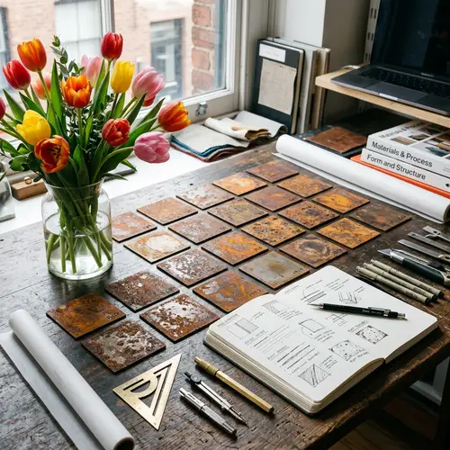 Designer's Workspace: Tulips & Rusty Metal Samples