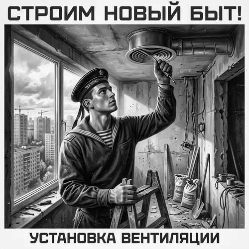 Vintage-style Monochrome Image: Russian Builder Renovating Apartment