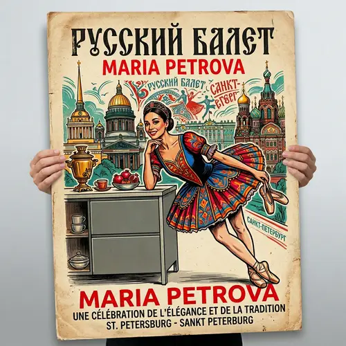 Vibrant Russian Ballerina Retro-Style Poster Art