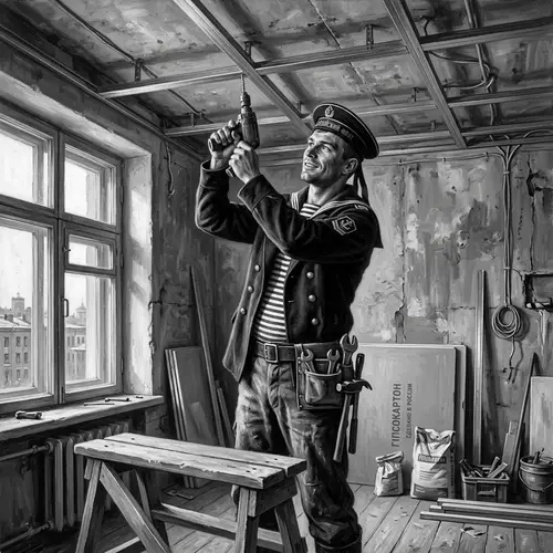 Vintage-Style Digital Painting of Russian Sailor Renovating High-Tech Apartment