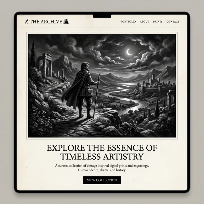 Vintage Black-and-White Poster Landing Page | Chiaroscuro Lighting Details Vintage Black-and-White Poster Landing Page | Chiaroscuro Lighting Details