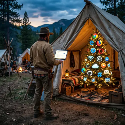 Unique Christmas Tree Decorated with Internet Symbols in Pioneer Camp