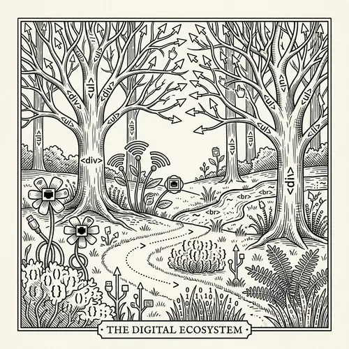 Tech-Infused Ecosystem: Nature & Digital Realm Illustration