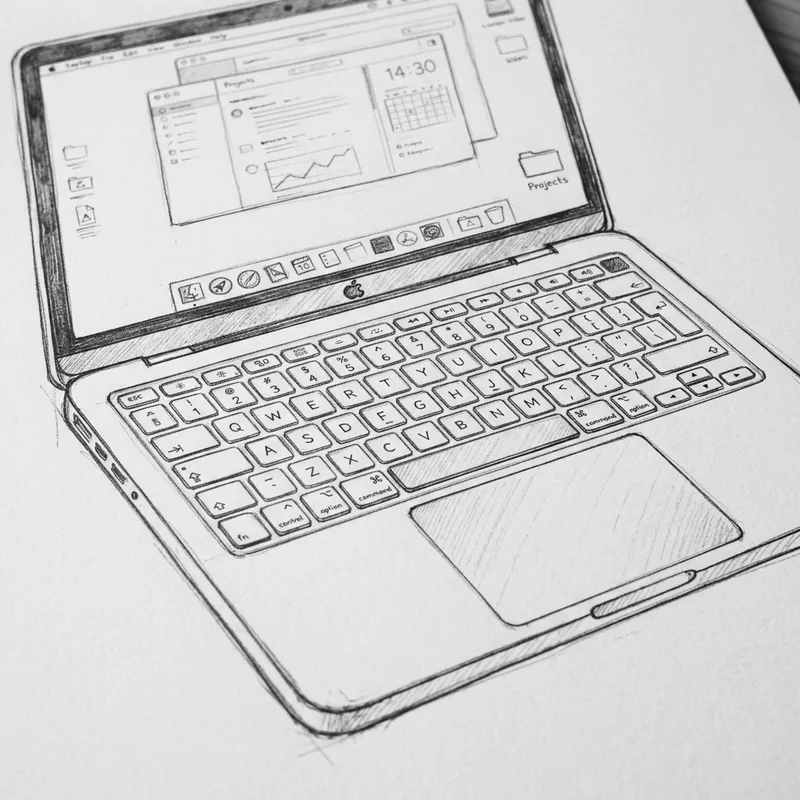 Detailed Laptop Sketch in Pencil on White Paper