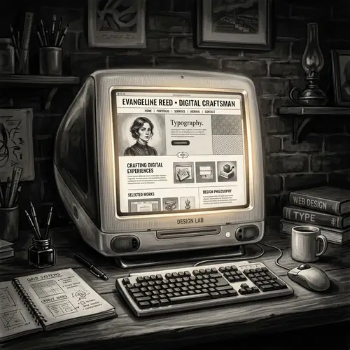 Vintage-Inspired Digital Painting of Web Designer's Website Layout