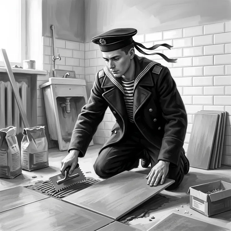 Vintage Sailor Man Renovating with Modern Tiles in Apartment