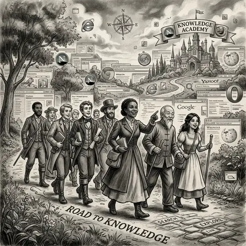 Vintage Black and White Digital Painting of Diverse Group of Pioneers