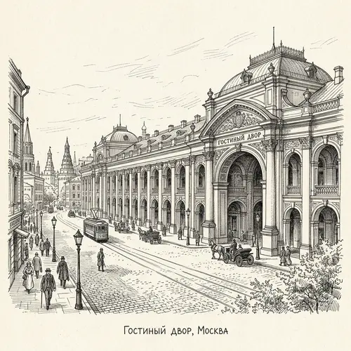 Architectural Sketch of Gostiny Dvor Building in Moscow