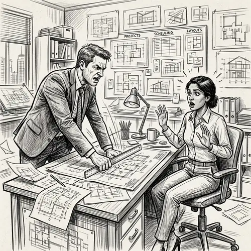 Client Confronts Interior Designer in Black and White Sketch