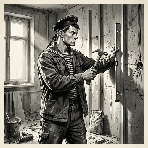 Vintage Russian Builder in Sailor's Uniform: Renovation Scene