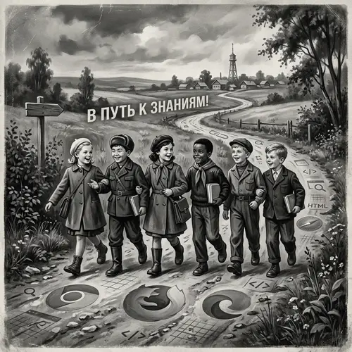 Vintage Digital Painting of Diverse Children on Path of Knowledge