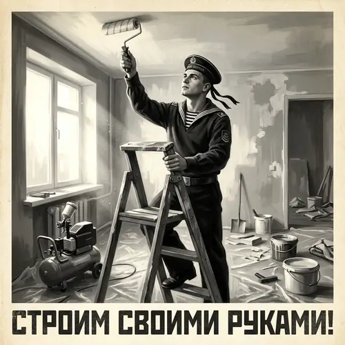 Vintage Russian Builder Painting Ceiling in Modern Apartment