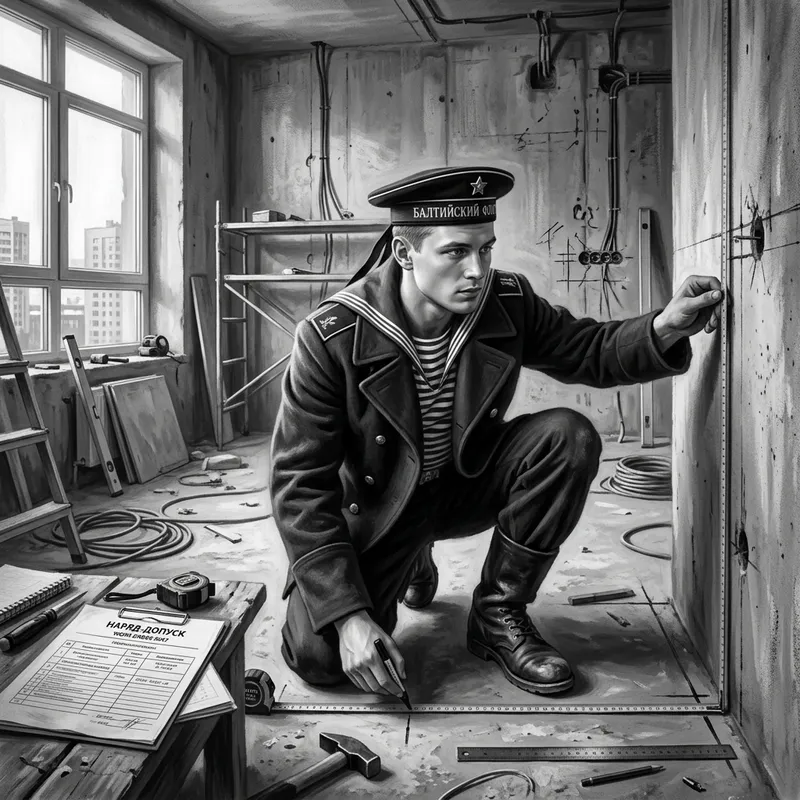 Vintage Russian Sailor Renovating High-Tech Apartment