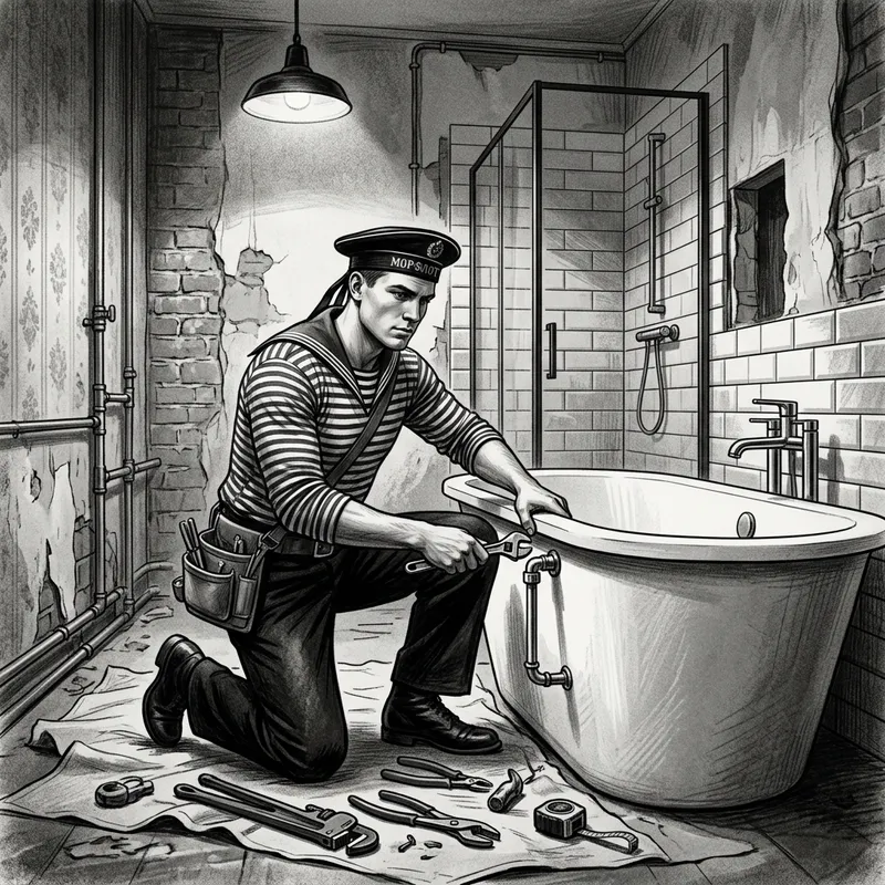 Vintage Russian Sailor Installing Modern Freestanding Bathroom Vintage Russian Sailor Installing Modern Freestanding Bathroom