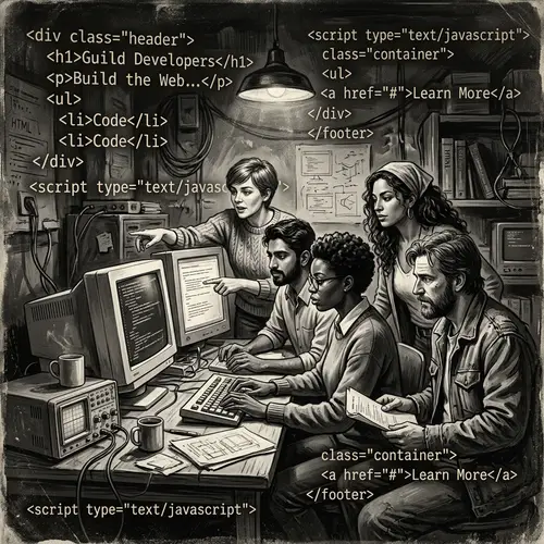 Vintage Black and White Digital Painting of Diverse Website Developers