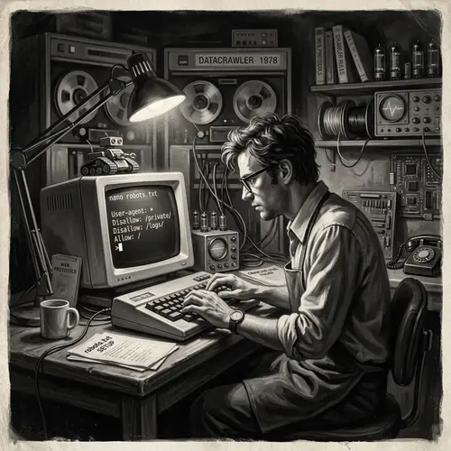 Vintage Black and White Digital Painting of Setting up Robots.txt