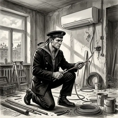 Vintage Russian Sailor Installing Split Systems in Renovated Apartment