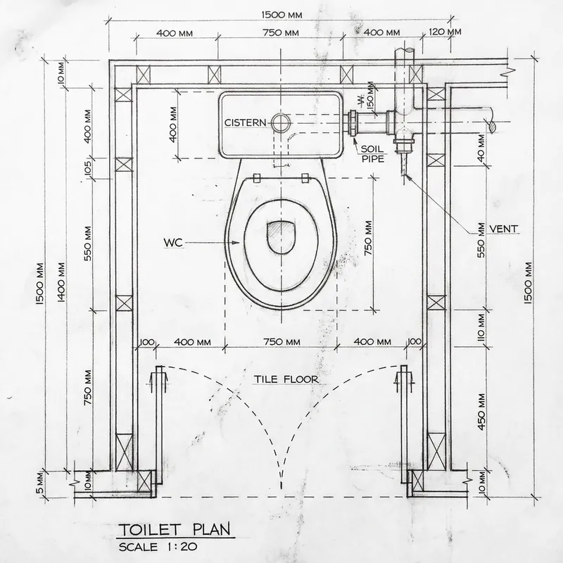 Detailed Toilet Blueprint Technical Drawing in Monochrome