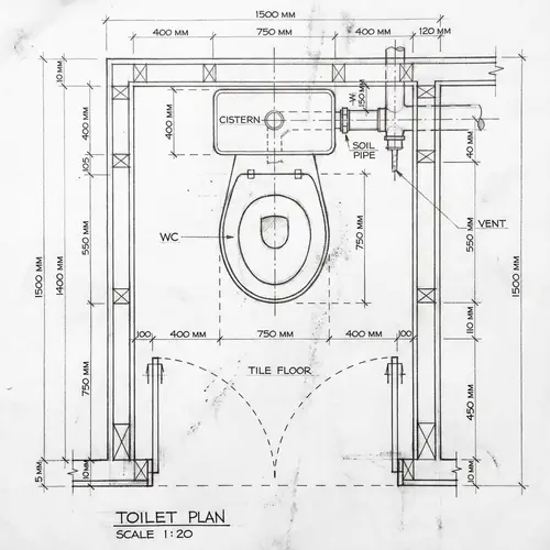 Toilet Blueprint Technical Drawing in Black and White