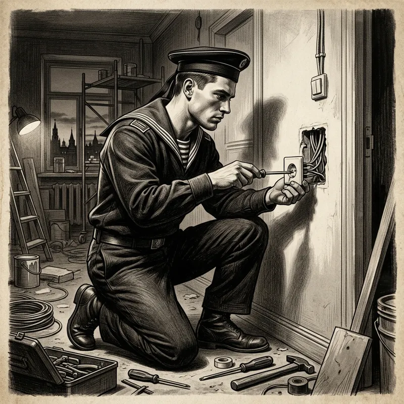 Vintage Russian Sailor Electrician Installs Switches in Modern Apartment Vintage Russian Sailor Electrician Installs Switches in Modern Apartment