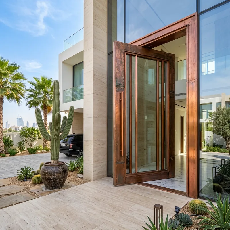 Luxurious Modern Villa Facade with Massive Copper & Glass Pivoting Door in Dubai