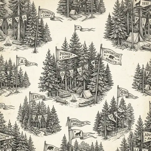 Vintage-Inspired Fir and Tree Motif Pattern with Fluttering Flags