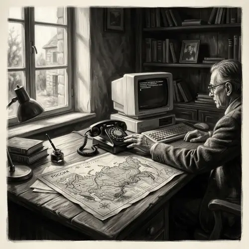 Vintage Black-and-White Digital Painting: Table with Computer and Old Rotary Telephone