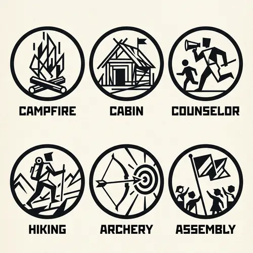 Minimalistic Round Icons: Children's Camp Elements
