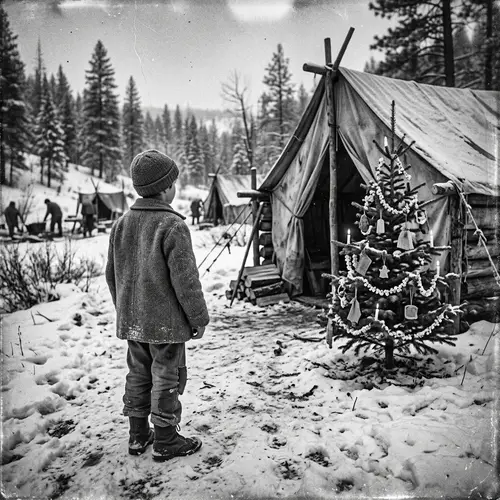 Vintage Pioneer Boy at Camp with Christmas Tree