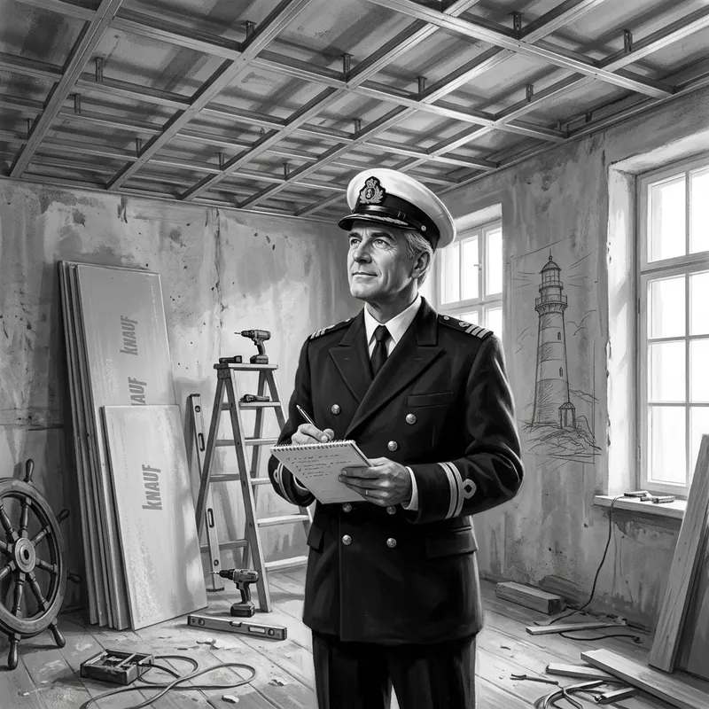 Confident Sailor Character with Notebook in Renovated Room