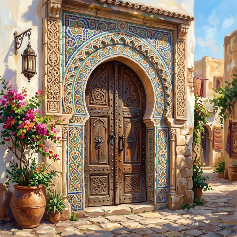 Intricate Mosaic Archway & Wooden Door | Cultural Heritage