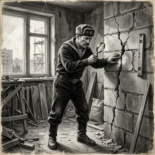 Vintage Black-and-White Poster: Eastern European Builder Inspecting Wall