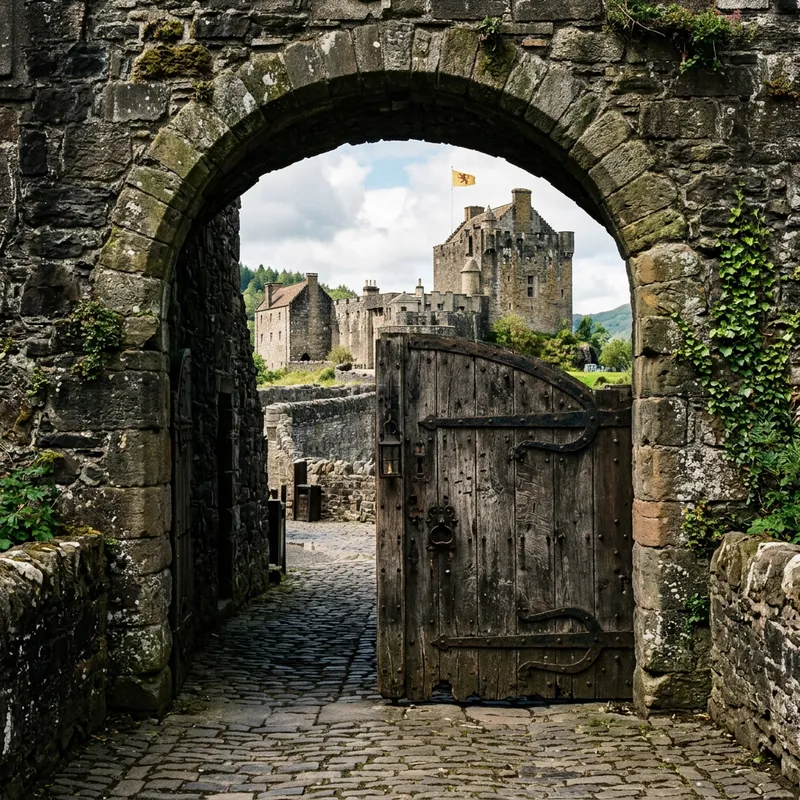 Old Wooden Door with Arch and Castle View