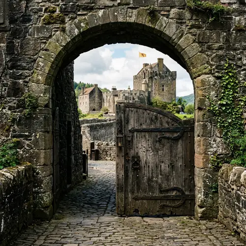 Old Wooden Door with Arch Leading to Castle