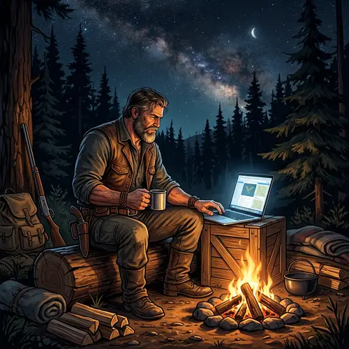 Brave Pioneer Warrior by Campfire in Wilderness
