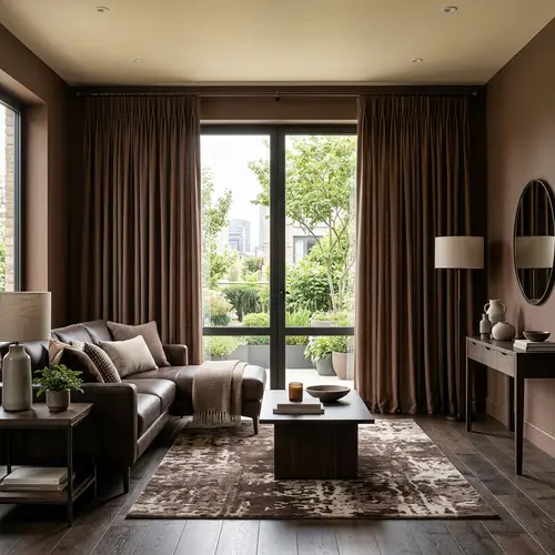 Contemporary Chocolate Interior Design with Beautiful Curtain Window View
