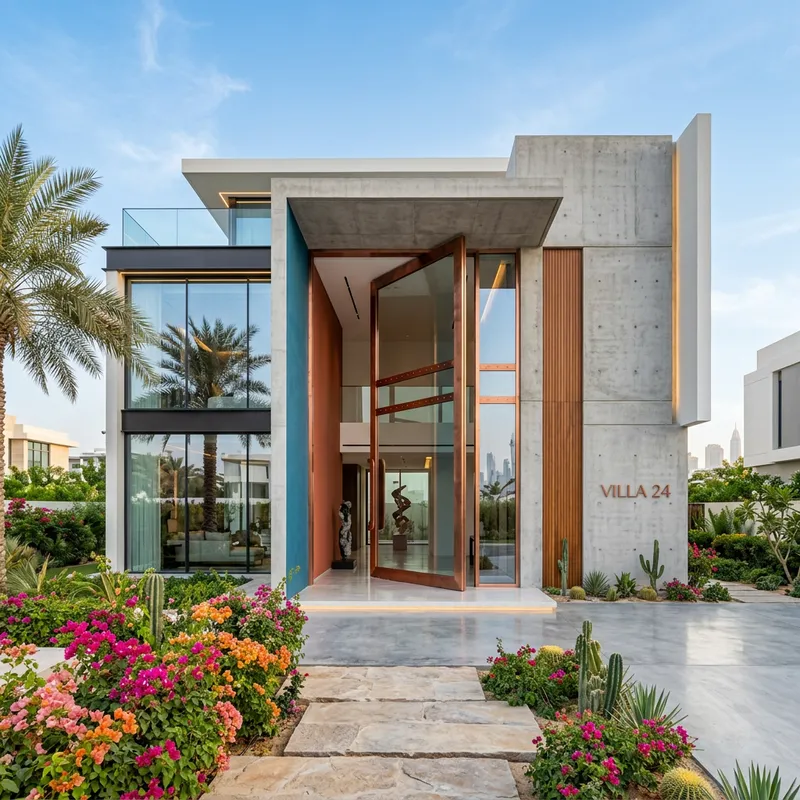 Minimalist Ultra-Modern Villa Facade with Glass & Copper Pivot Door
