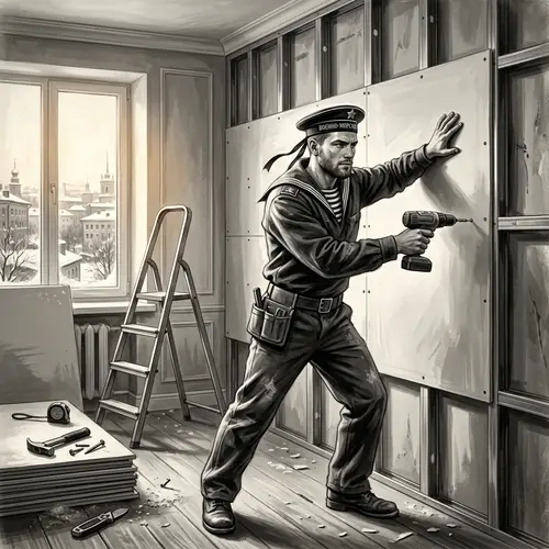 Vintage Russian Builder in Sailor Uniform Painting