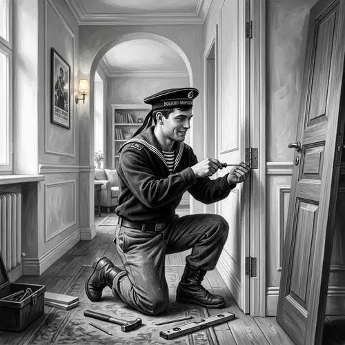 Vintage Russian Builder Installing Interior Door in Modern Apartment