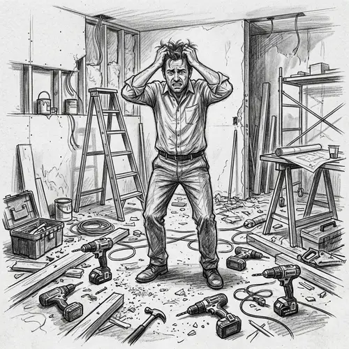Frustrated Client Amid Renovation Chaos Sketch