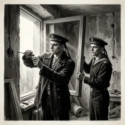 Detailed Black-and-White Digital Painting of Russian Sailors Installing Window