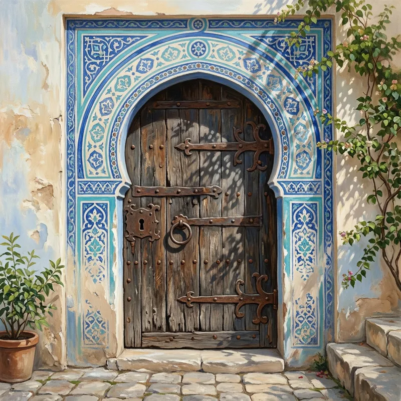 Ancient Wooden Door with Blue and White Arch - Tranquil Scene