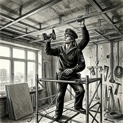 Russian Sailor Renovating High-Tech Apartment | Vintage Digital Painting