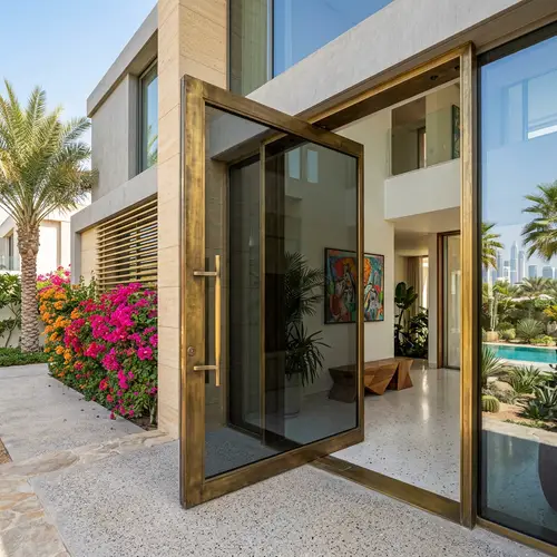Modern Minimalist Villa Pivot Door in Dubai | Brass & Glass