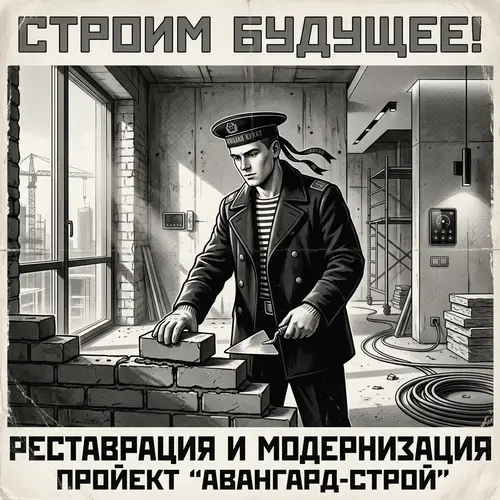 Vintage Black-and-White Poster-Like Apartment Renovation Scene